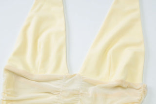 Halter self tie v neck ruched mesh maxi dress