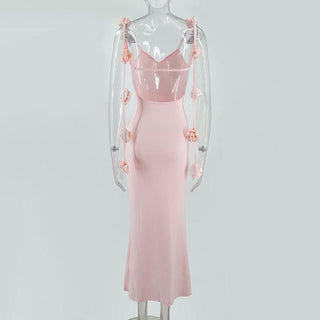 Ruched flower applique v neck cami maxi dress