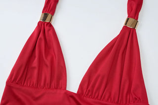 Ruched halter self tie v neck backless top