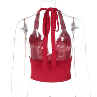 Ruched halter self tie v neck backless top