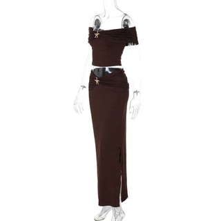 Off shoulder ruched slit tube maxi skirt set