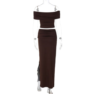 Off shoulder ruched slit tube maxi skirt set
