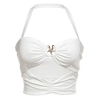 Halter hollow out ruched v neck backless cut out top