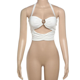 Halter hollow out ruched v neck backless cut out top