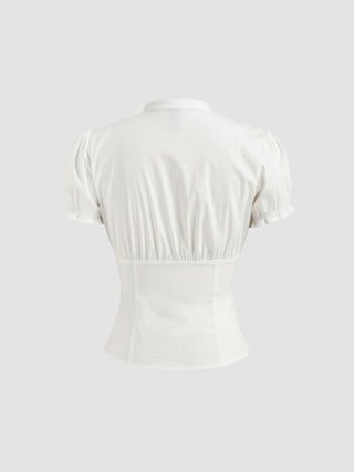 Cotton-blend V-neck Lettuce Trim Short Sleeve Blouse