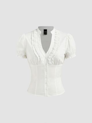 Cotton-blend V-neck Lettuce Trim Short Sleeve Blouse