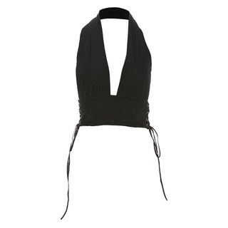 Halter self tie lace v neck backless top