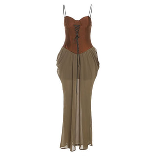 Ruched lace up v neck spaghetti strap maxi dress