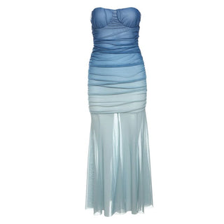 Gradient ruched mesh tube midi dress