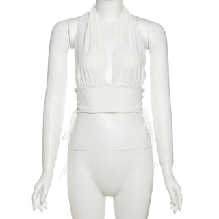 Halter self tie lace v neck backless top