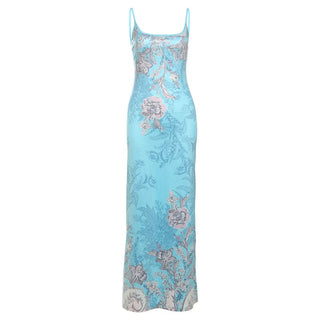 Flower print u neck backless cami maxi dress