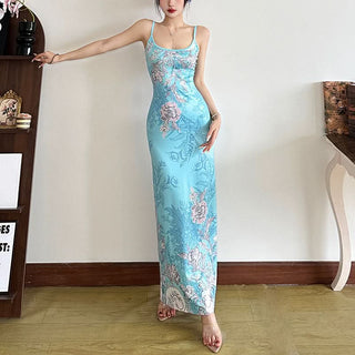 Flower print u neck backless cami maxi dress