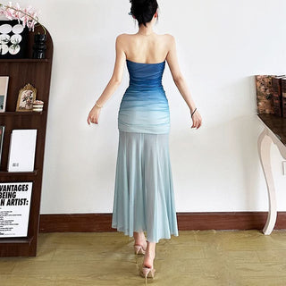 Gradient ruched mesh tube midi dress