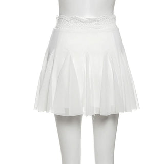 Lace hem A line mesh solid mini skirt