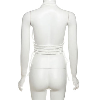 Halter self tie lace v neck backless top