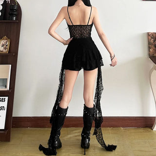 Lace u neck backless solid cami mini dress