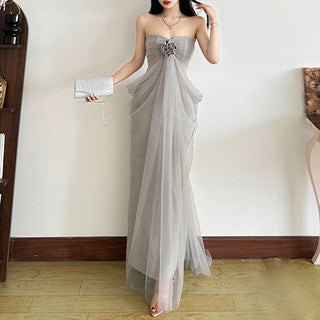 Ruched flower applique mesh tube maxi dress