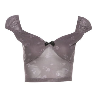 Bowknot ruched v neck cap sleeve print top