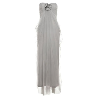 Ruched flower applique mesh tube maxi dress