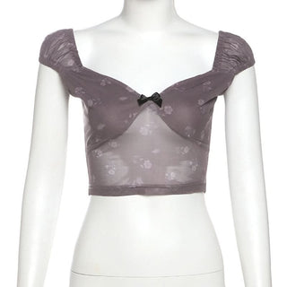 Bowknot ruched v neck cap sleeve print top