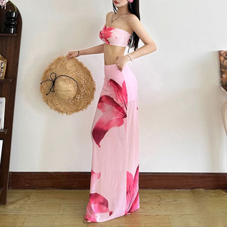 Mesh flower print contrast tube maxi skirt set