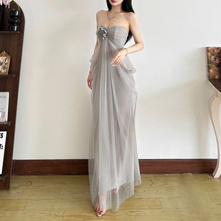 Ruched flower applique mesh tube maxi dress