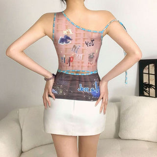 Irregular self tie print contrast top