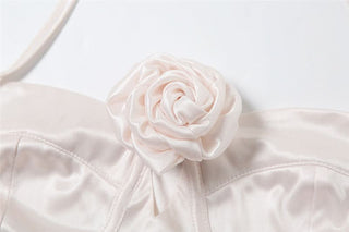 Cross front halter self tie flower applique top