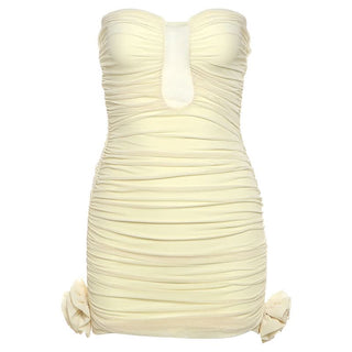 Ruched flower applique backless tube mini dress