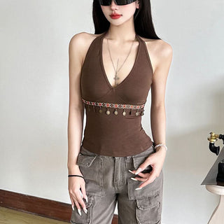 Halter self tie v neck backless contrast top