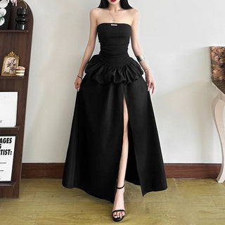 Metal tag ruched slit solid tube maxi dress