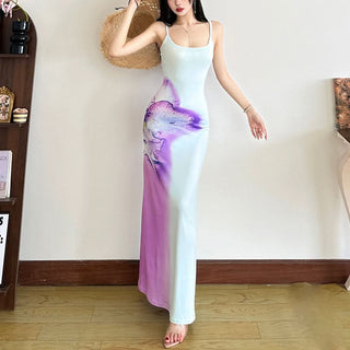 Print u neck backless cami maxi dress