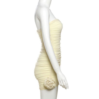 Ruched flower applique backless tube mini dress