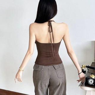 Halter self tie v neck backless contrast top