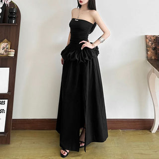 Metal tag ruched slit solid tube maxi dress