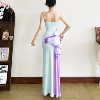 Print u neck backless cami maxi dress