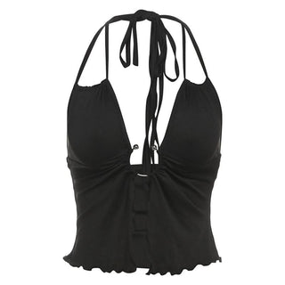 Hollow out ruffle halter self tie crop cut out top