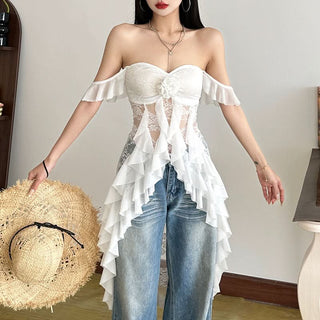 Ruffle flower applique lace v neck top