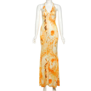 Halter self tie o ring print v neck slit maxi dress