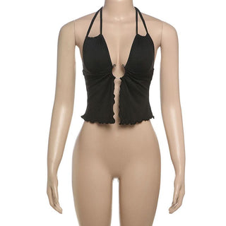 Hollow out ruffle halter self tie crop cut out top