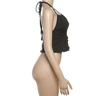Hollow out ruffle halter self tie crop cut out top