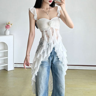 Ruffle flower applique lace v neck top