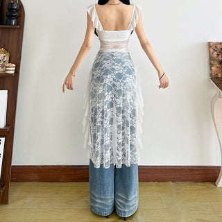 Ruffle flower applique lace v neck top