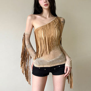 Irregular mesh gloves one shoulder print top