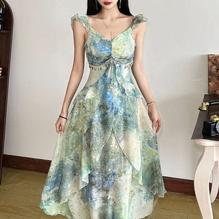 Ruched v neck ruffle print zip-up midi dress