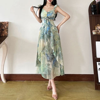 Ruched v neck ruffle print zip-up midi dress