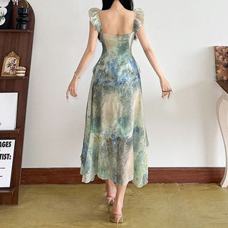 Ruched v neck ruffle print zip-up midi dress