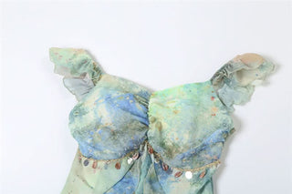 Ruched v neck ruffle print zip-up midi dress