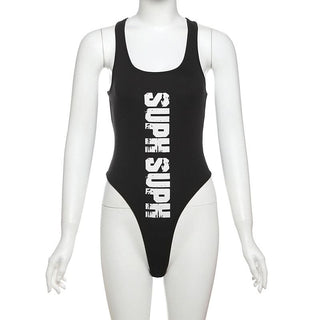 U neck letter print button tank bodysuit