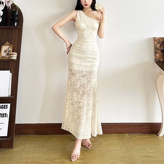 Irregular one shoulder ruched print maxi dress